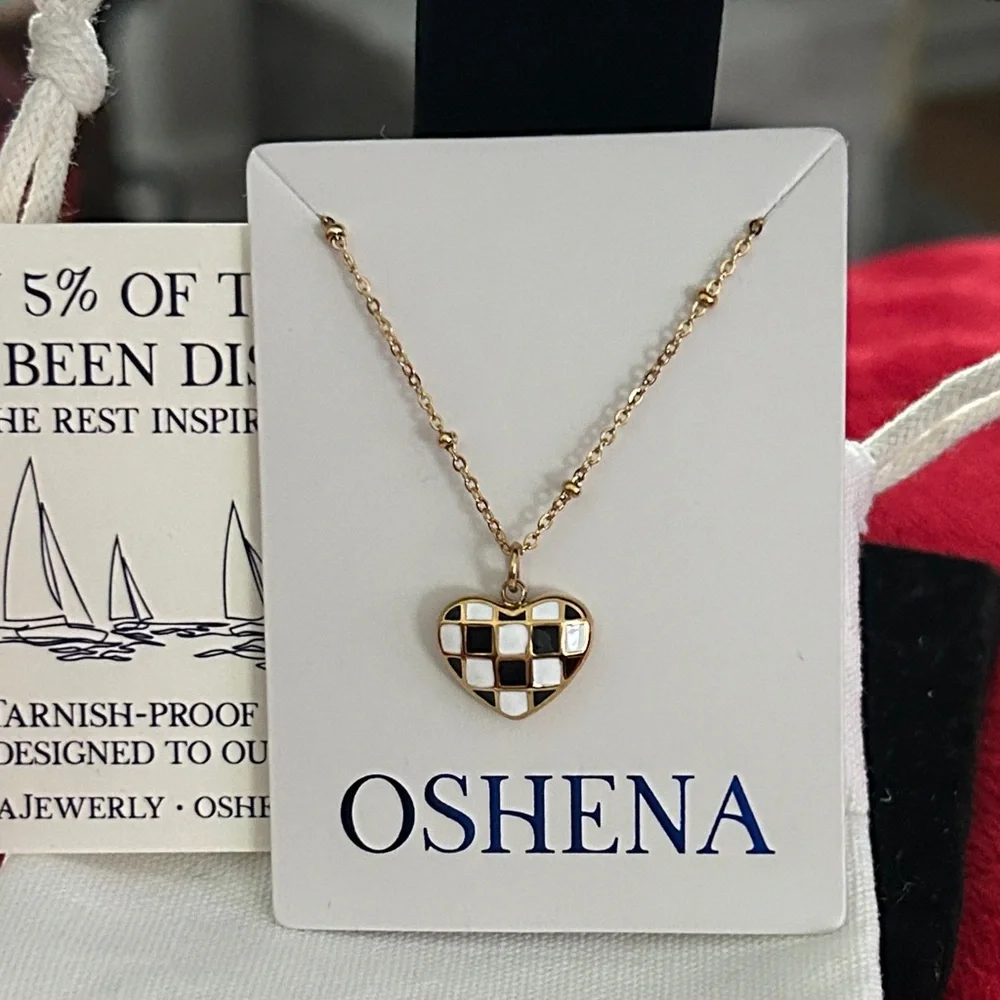 Oshena Designer‎ Beachwear Gold and Black check Heart Necklace
